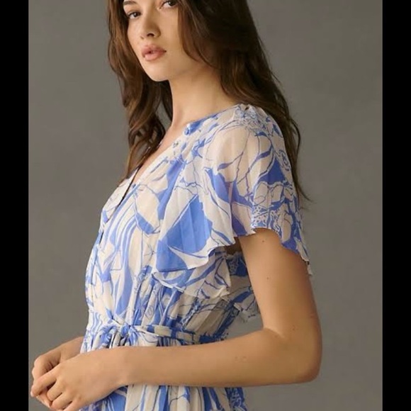 Anthropologie Blue and Cream Floral Midi Dress - Picture 2 of 15